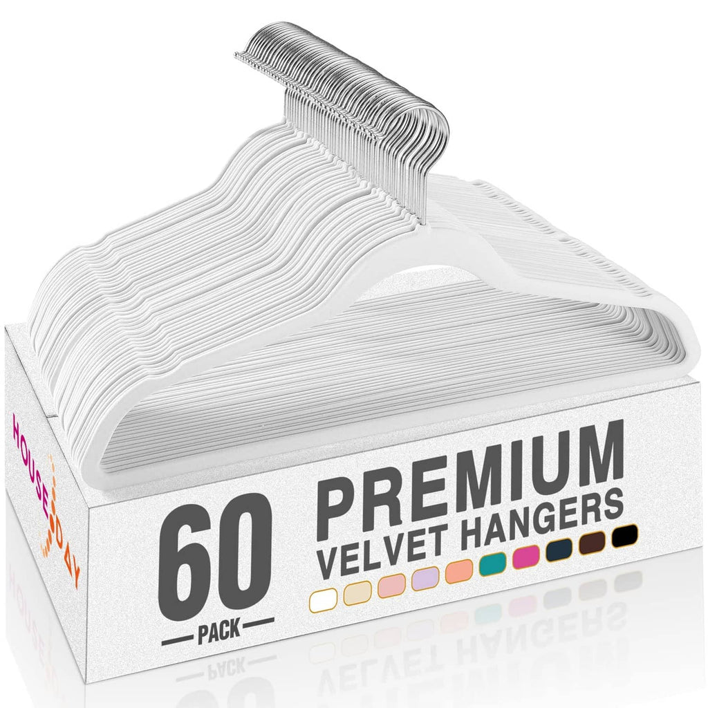 White velvet clothing hangers, 60-pack, non-slip ridged hooks for secure hanging
