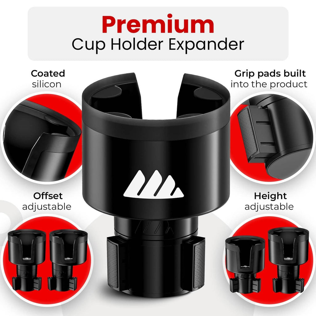 Black premium cup holder expander with coated silicone rim and built-in grip pads