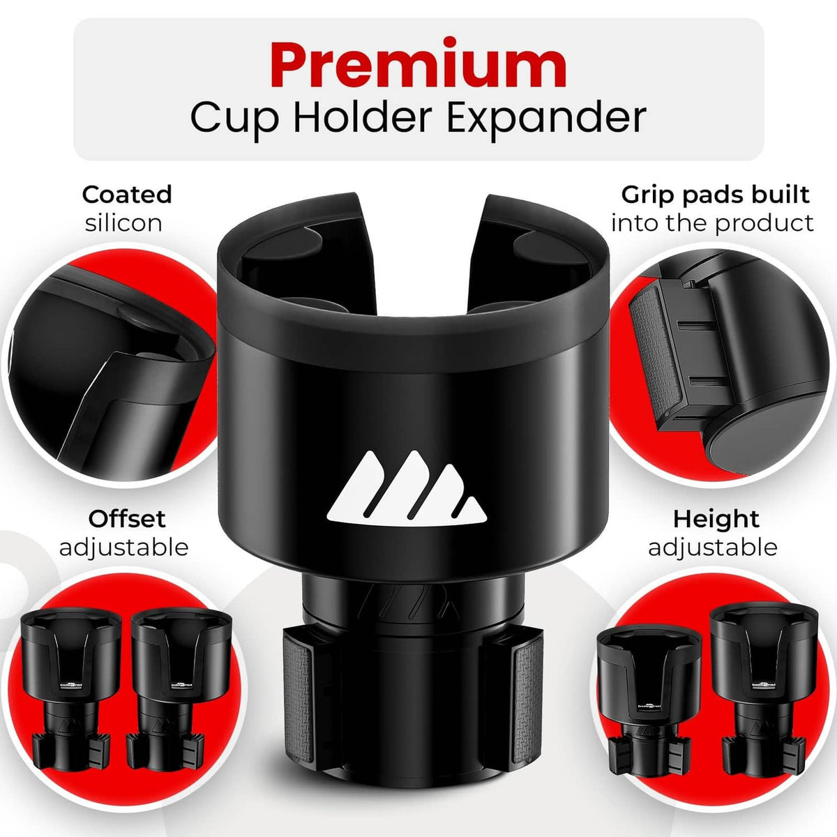 Black premium cup holder expander with coated silicone rim and built-in grip pads