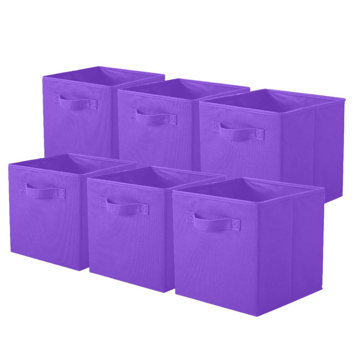 Set of six violet foldable fabric storage cubes with fabric handles and open tops