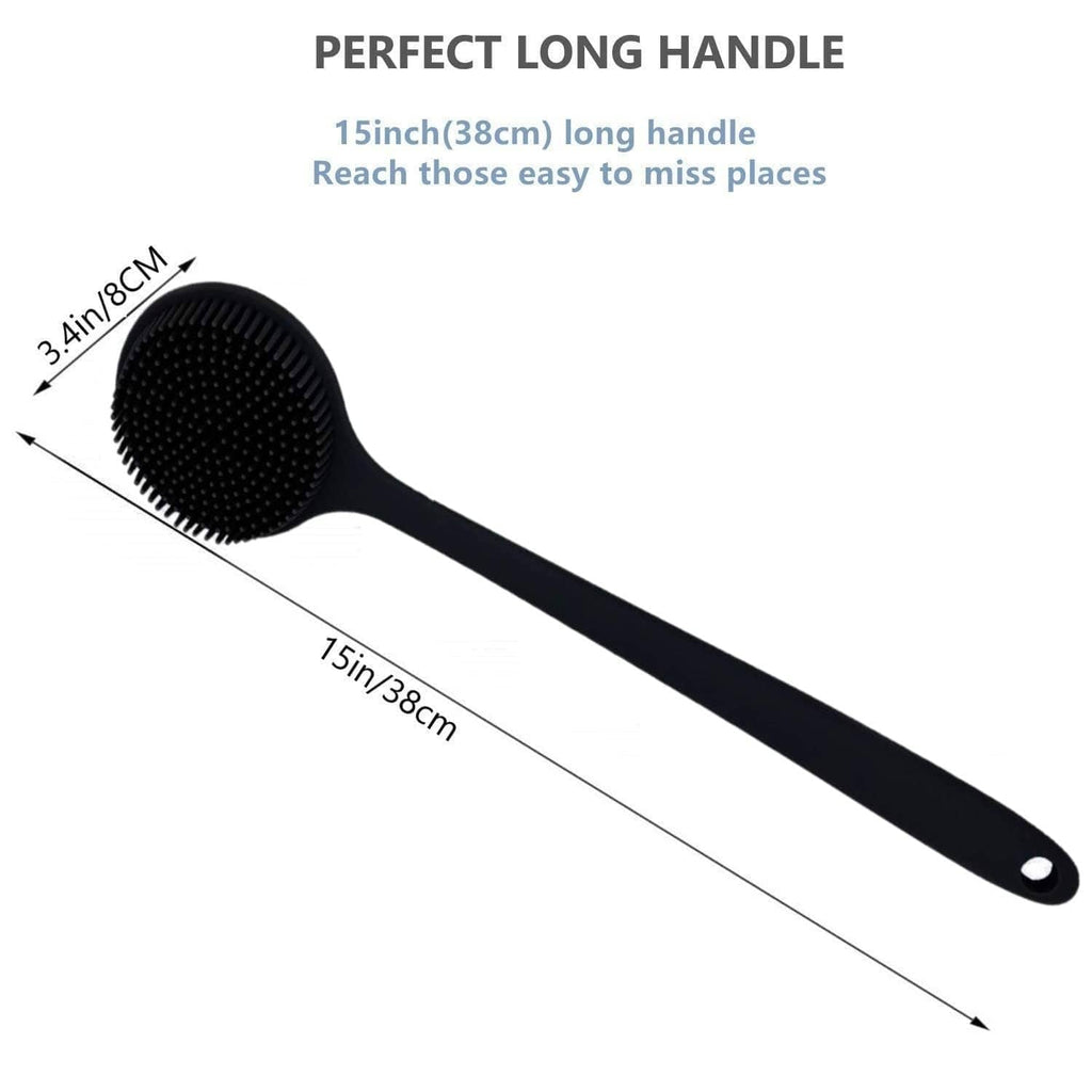 Black silicone back scrubber with round head and long handle.