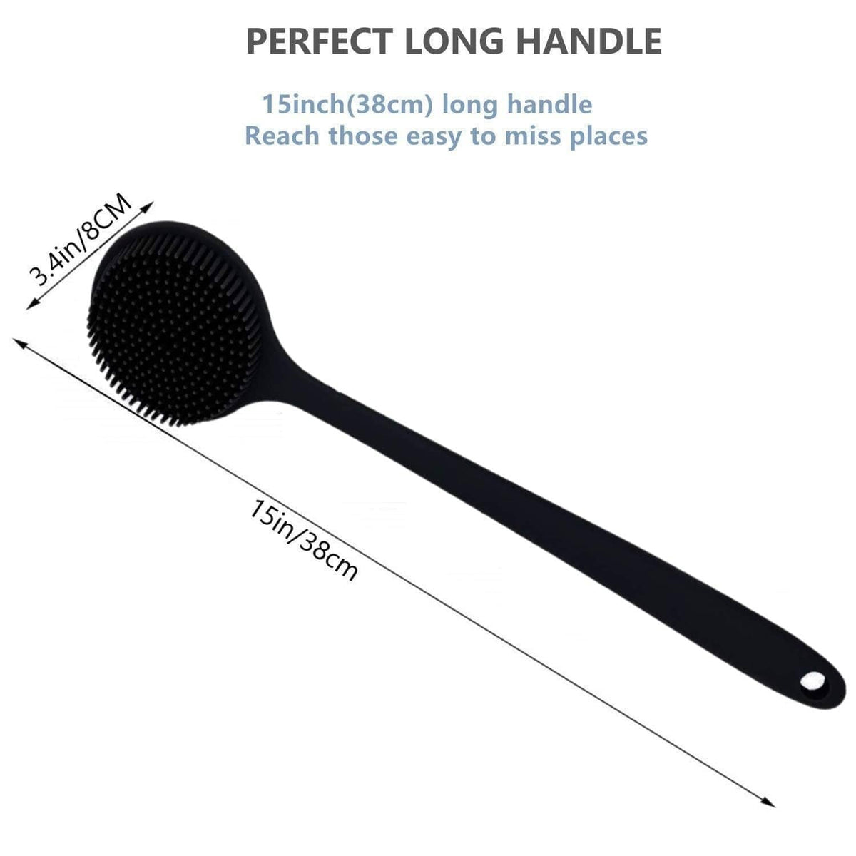 Black silicone back scrubber with round head and long handle.
