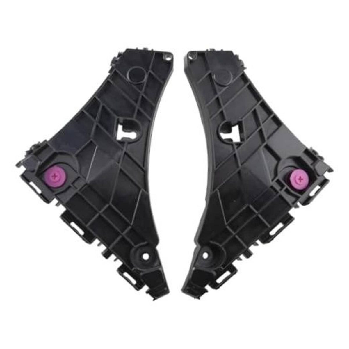 Pair of black front bumper brackets with mounting tabs and pink retaining clips