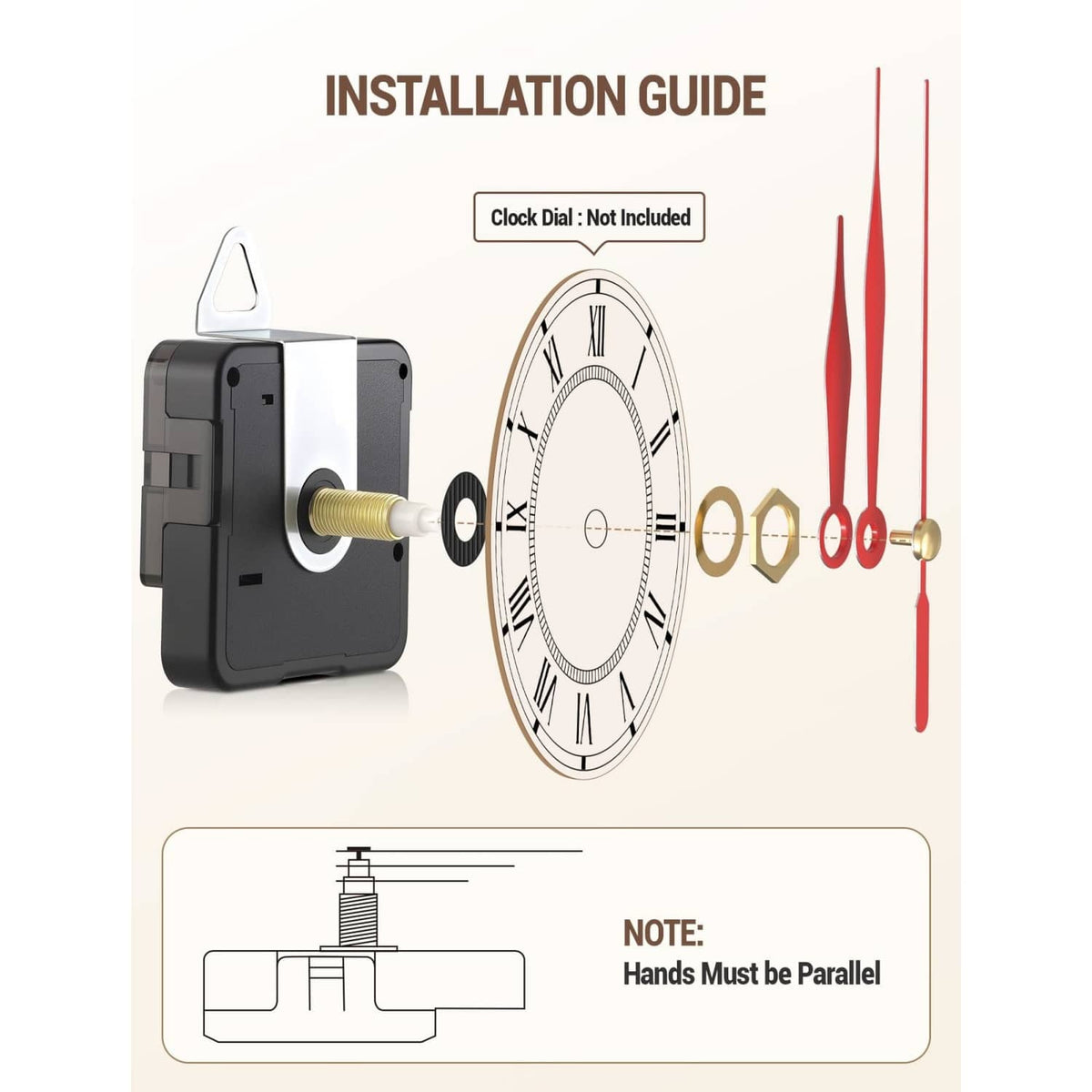 Clock movement replacement mechanism with gold and red hands for installation