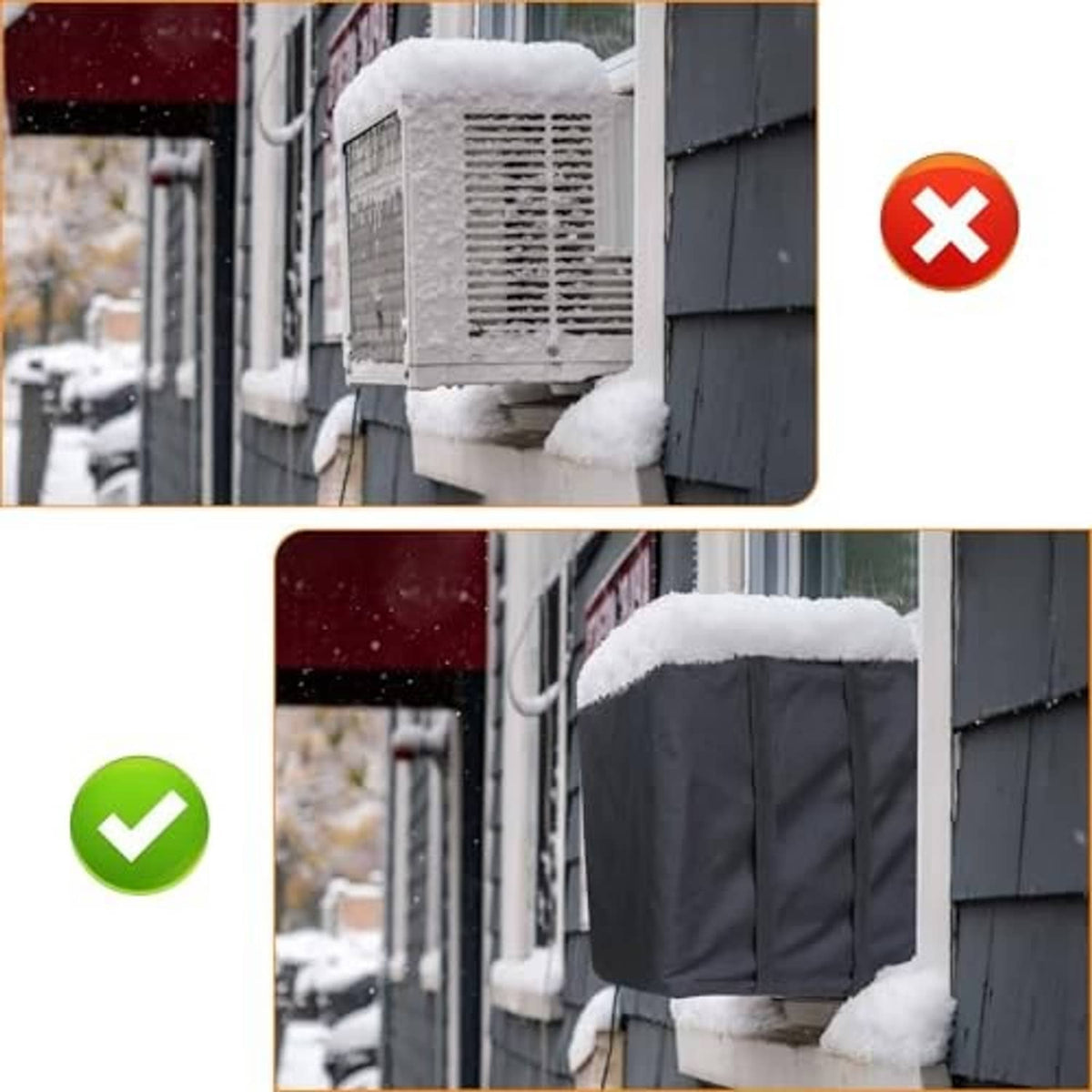 Snow-covered outdoor AC cover shown on a window unit, protecting the front area.