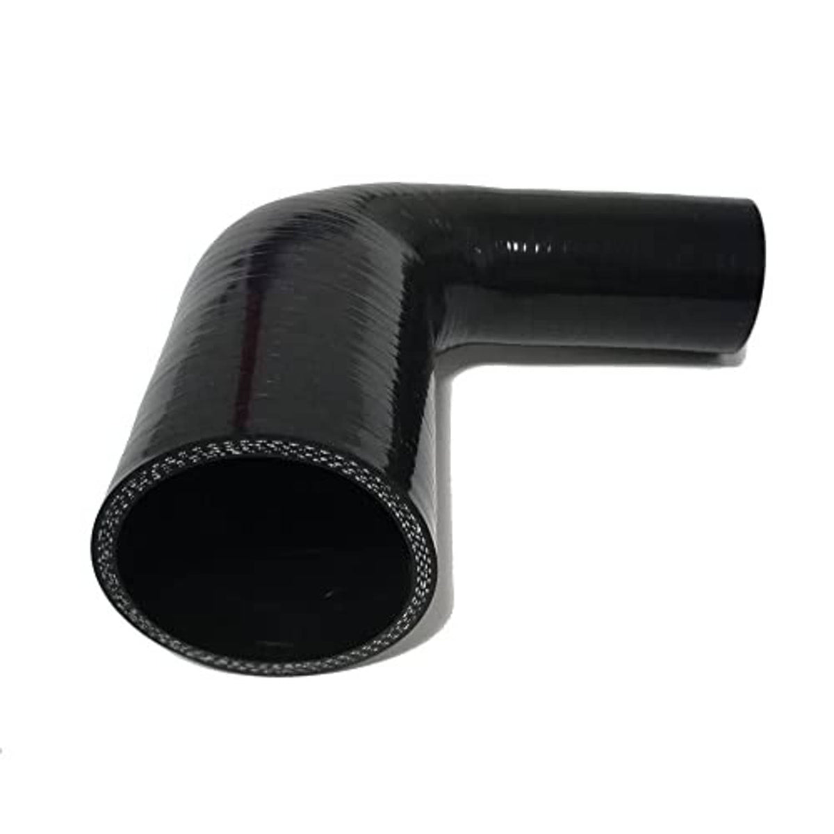 Black 90-degree silicone hose reducer elbow with rounded ends