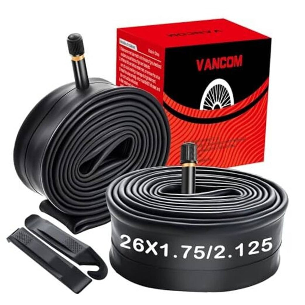Two black bike inner tubes with valve stems, plus tire lever and mounting tools