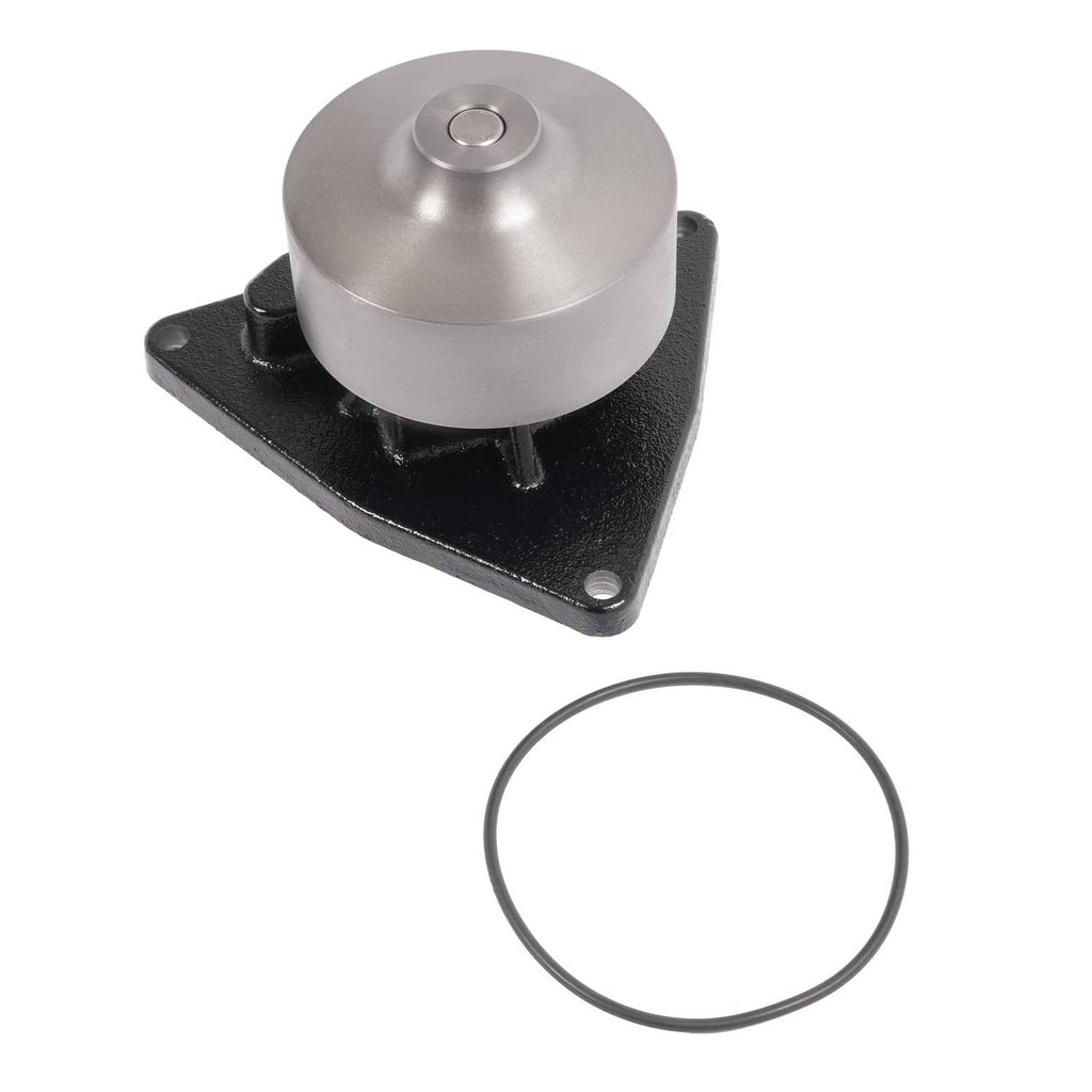 Water pump assembly with black base plate, silver circular housing, and seal ring