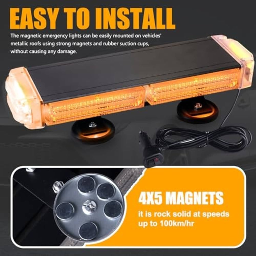 Amber rooftop strobe light bar with clear lens, 4-magnet base, and black power cable