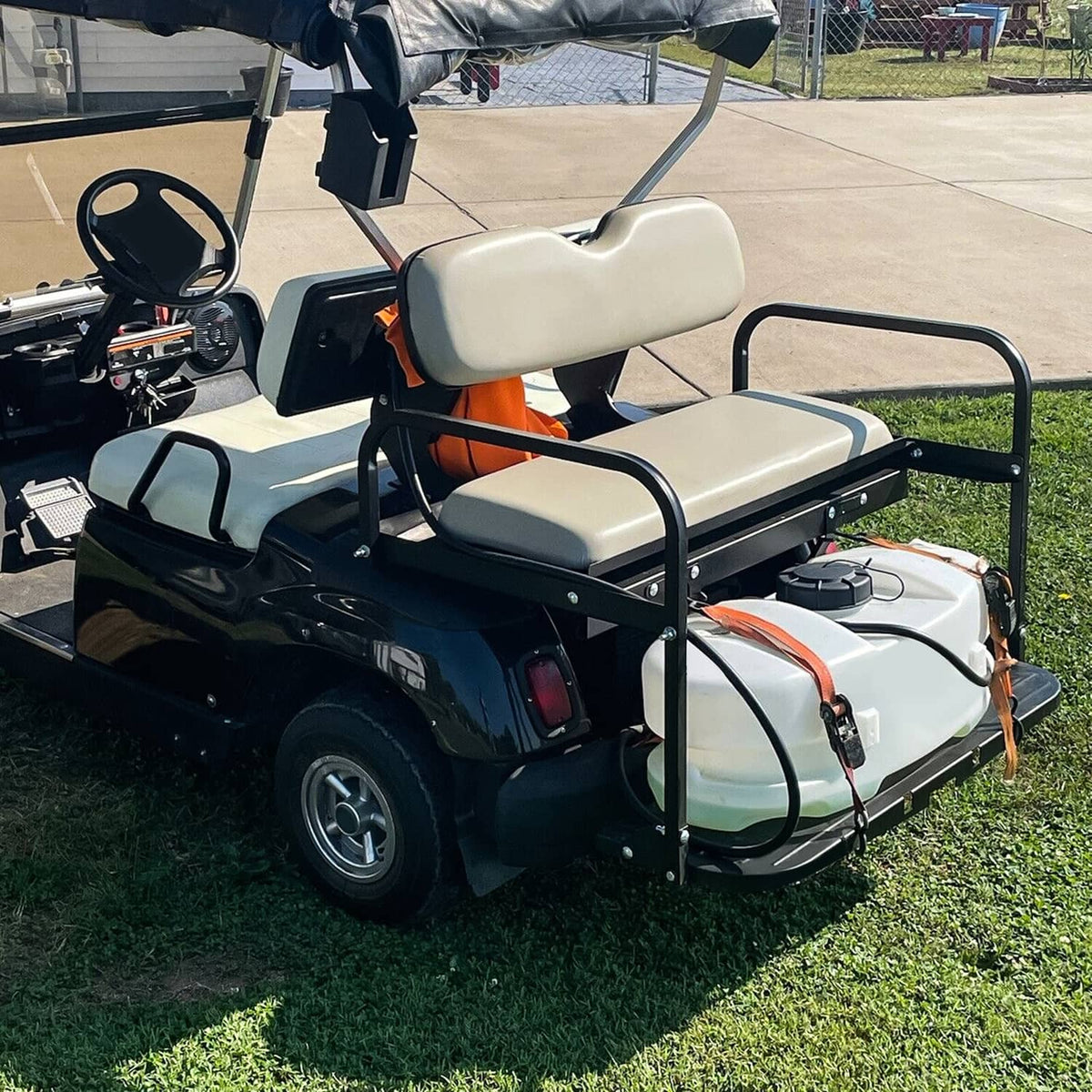 Golf cart rear flip seat kit installed on golf cart with gray seat cushions