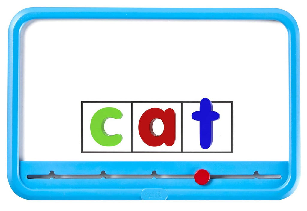 Blue magnetic dry-erase Elkonin board with C A T letter tiles