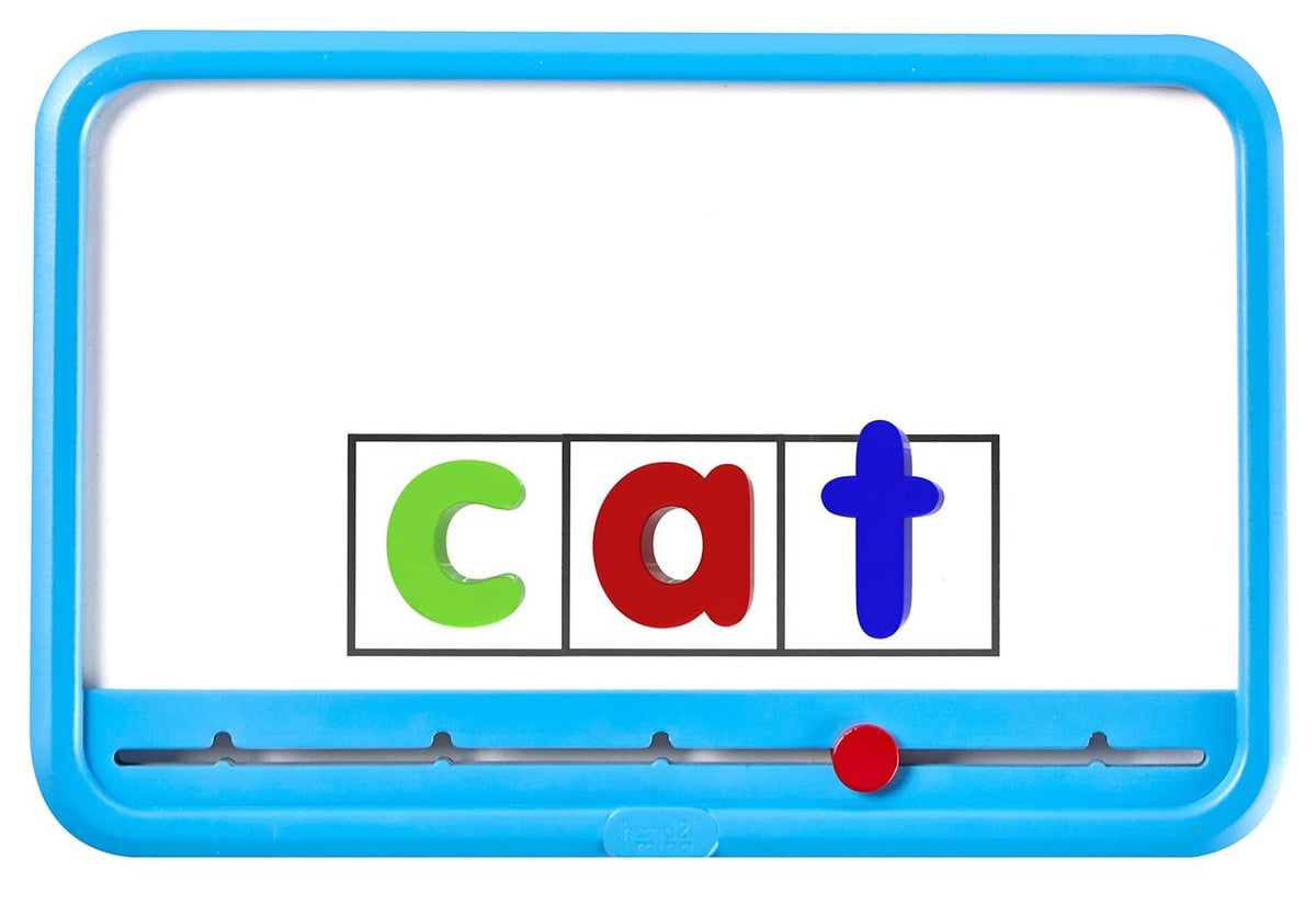 Blue magnetic dry-erase Elkonin board with C A T letter tiles