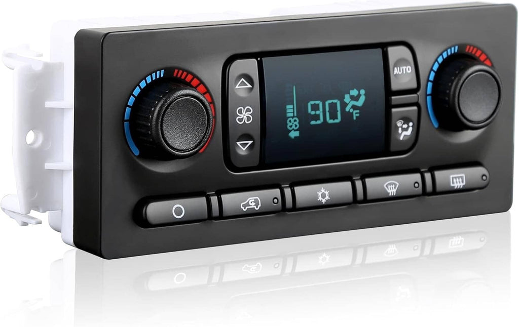 Car climate control module with black panel, LCD screen, and dual temperature dials