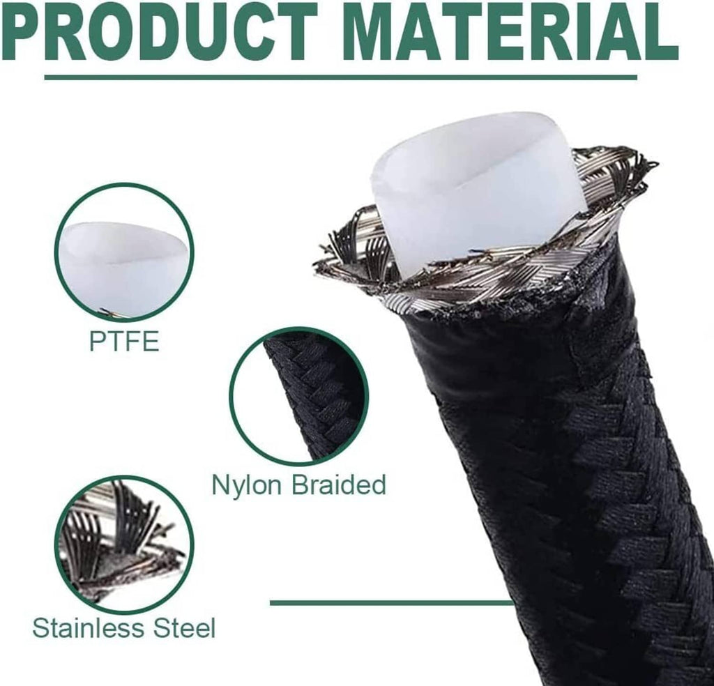 Black PTFE nylon braided transmission cooler hose with stainless steel braid and end fittings