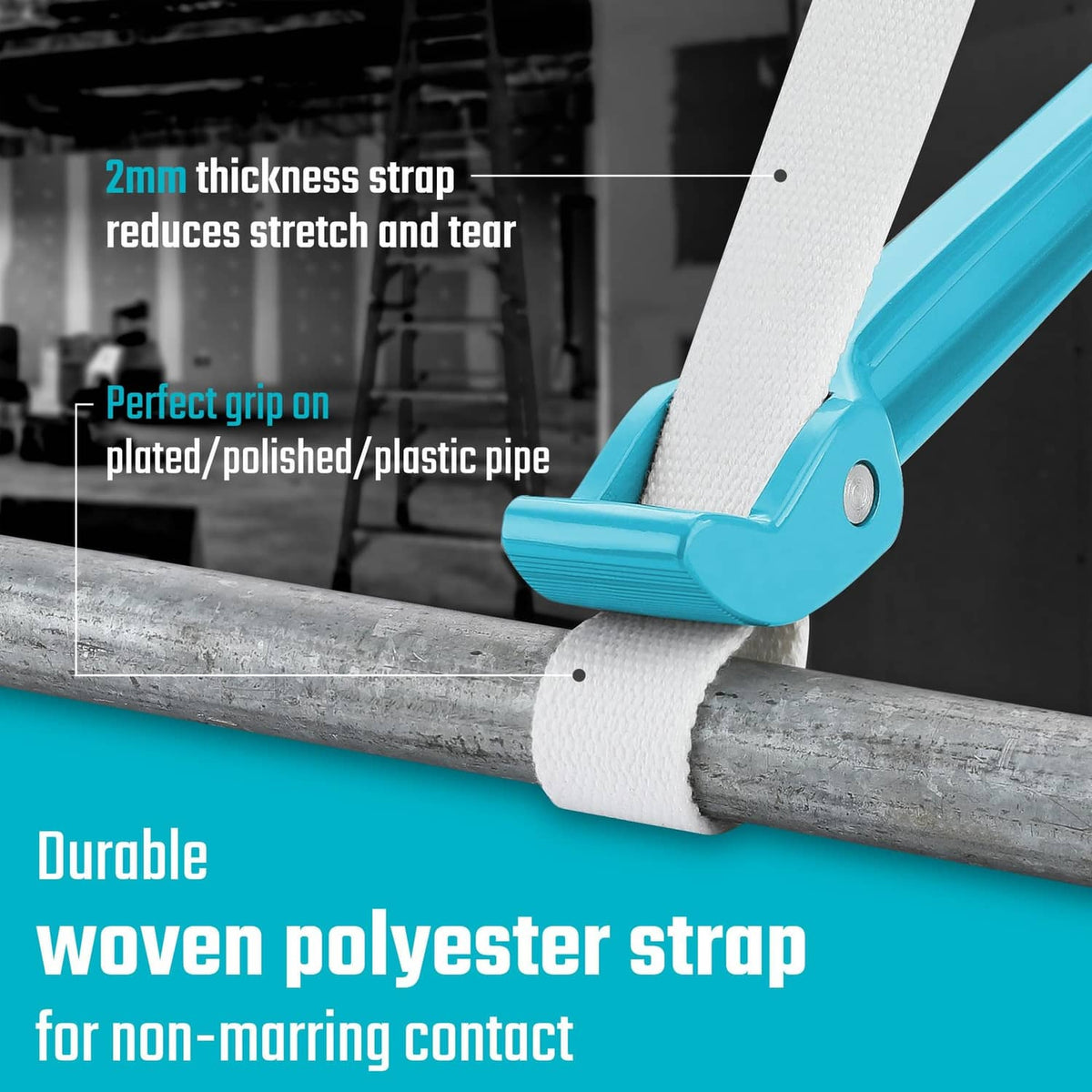 Blue strap wrench tightening a pipe with a wide woven nylon strap.