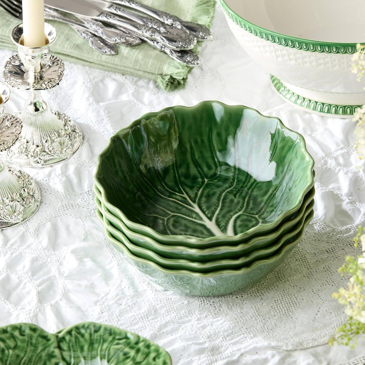 Green cabbage-relief soup bowls set of four, stacked on table
