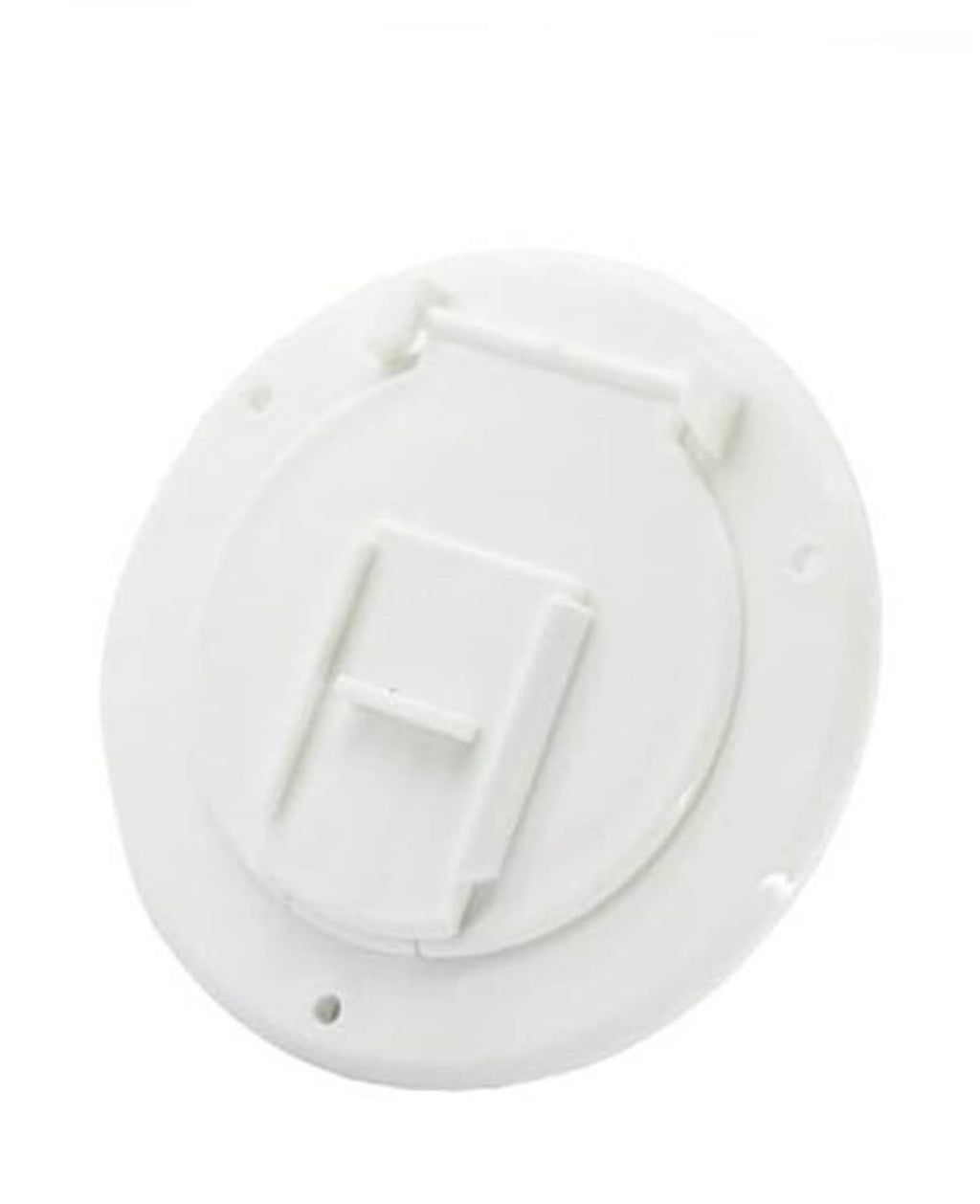 Round white RV power cord hatch cover with recessed latch tab