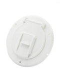 Round white RV power cord hatch cover with recessed latch tab