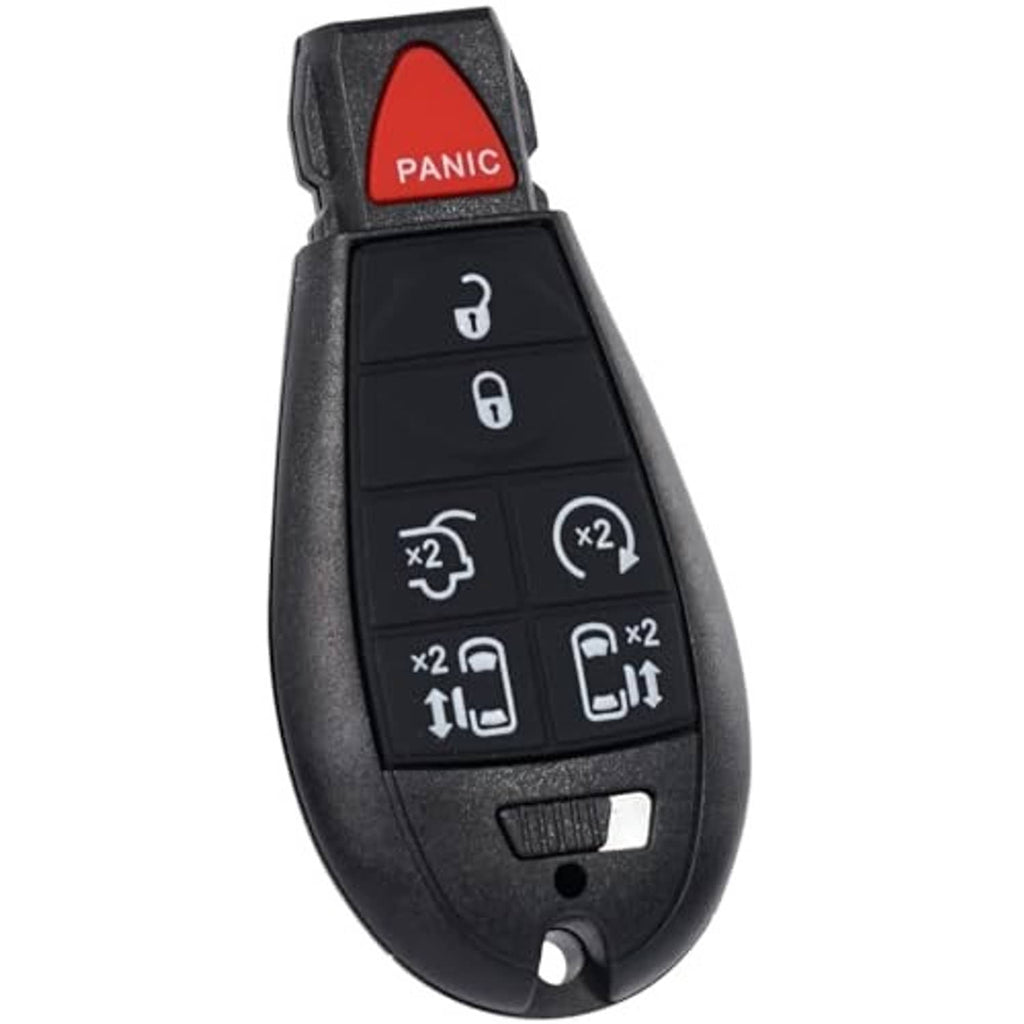 Black 7-button smart key fob with red PANIC button and lock/unlock button icons