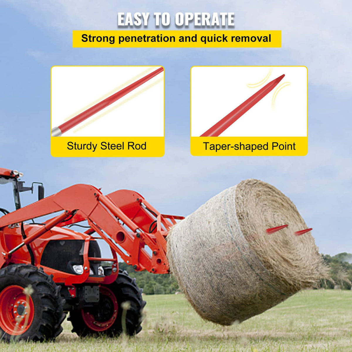 Red hay bale spear prongs with taper-shaped pointed ends and sturdy steel rods