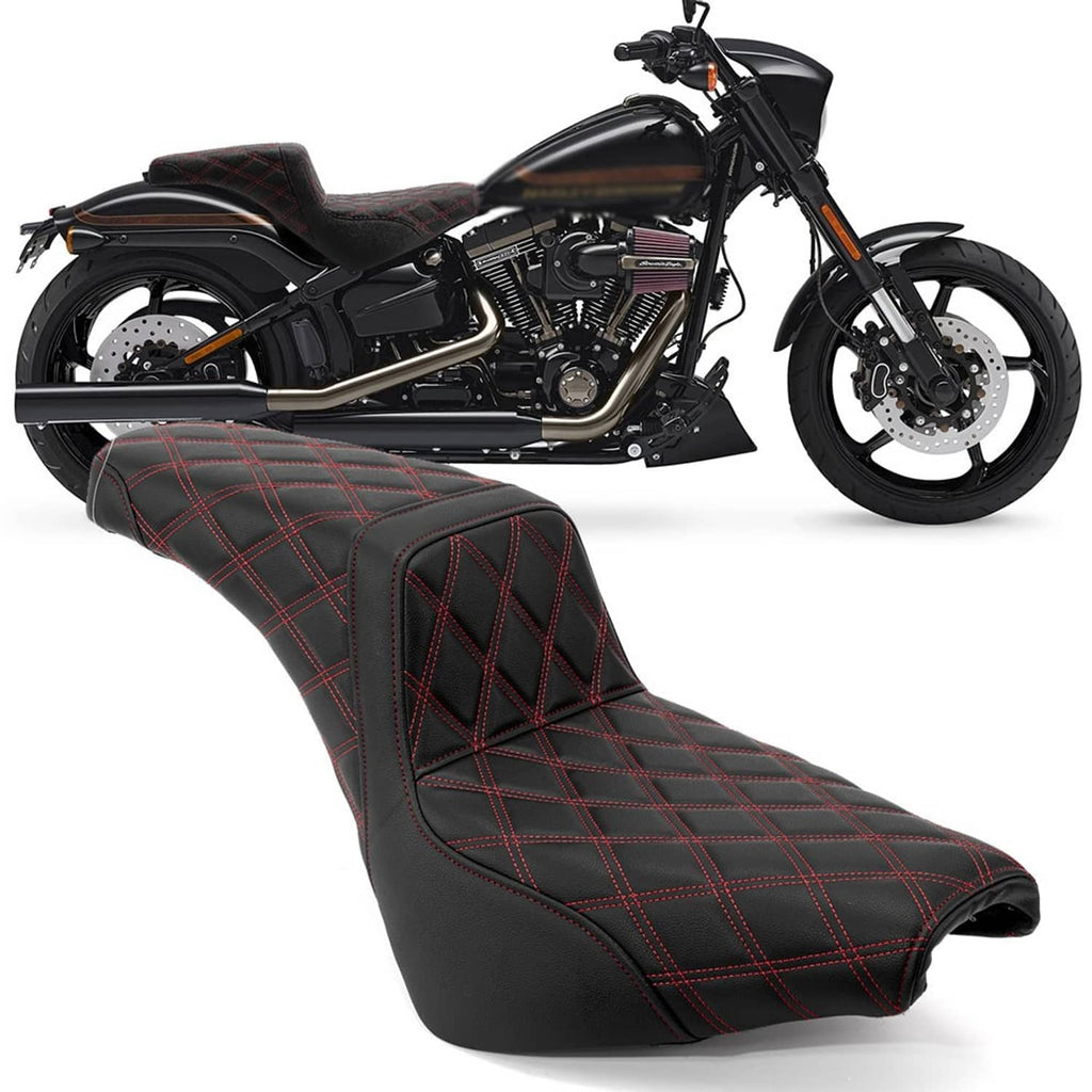 Two-up motorcycle seat: black cover with red grid stitching for rider and passenger
