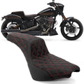Two-up motorcycle seat: black cover with red grid stitching for rider and passenger