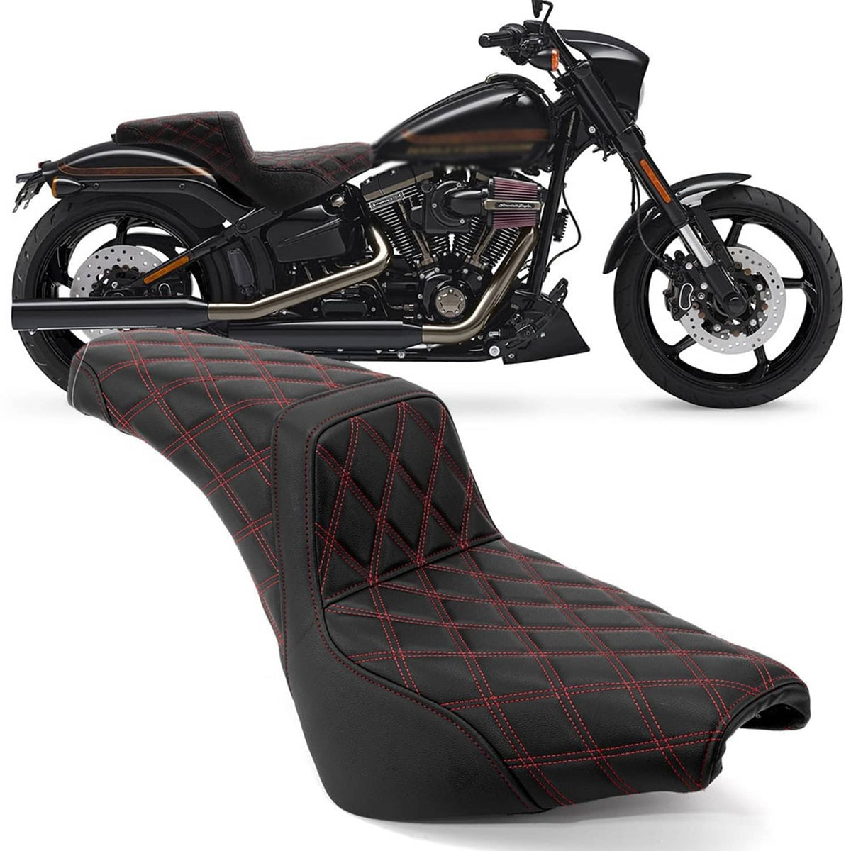 Two-up motorcycle seat: black cover with red grid stitching for rider and passenger