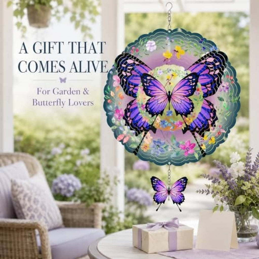 Purple butterfly wind spinner hanging indoors with layered multicolor metal ring and charm