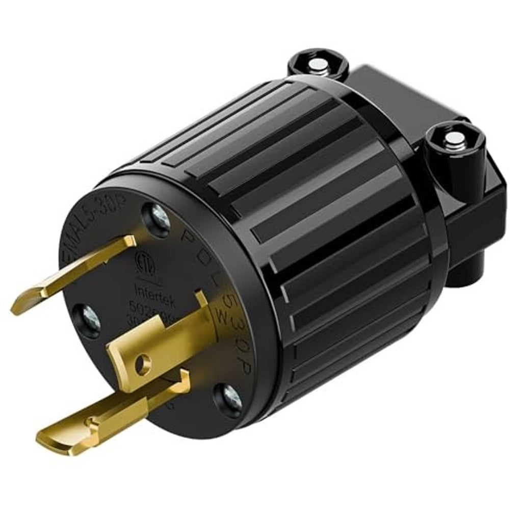 Nema L5-30P locking power plug, black body with two gold prongs and metal mounting tabs