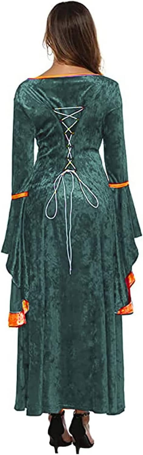 Women’s medieval long dress back view with lace-up corset lacing and flared skirt