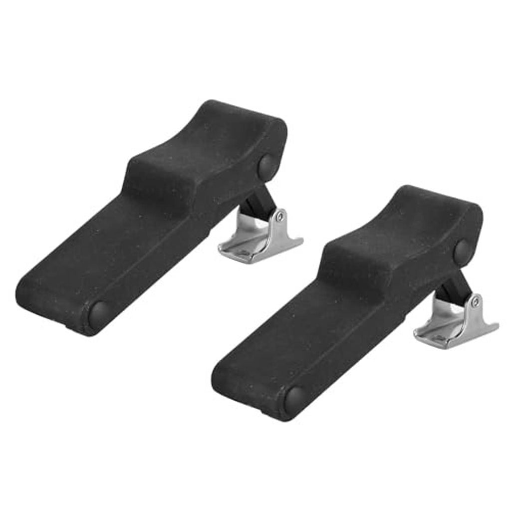 Two black rubber latch handles with stainless steel bases and keepers