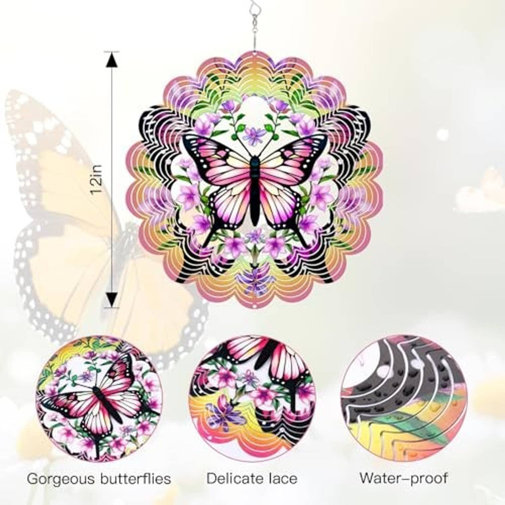 Butterfly wind spinner with multicolor layered petals and hook on top, shown from front.