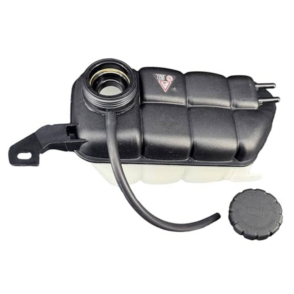 Coolant expansion tank with black reservoir, mounting bracket, and hose