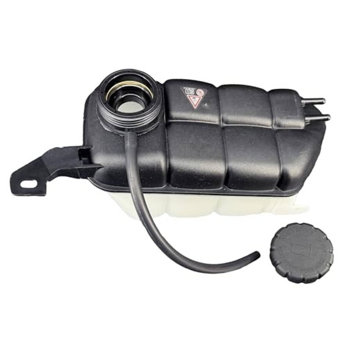 Coolant expansion tank with black reservoir, mounting bracket, and hose