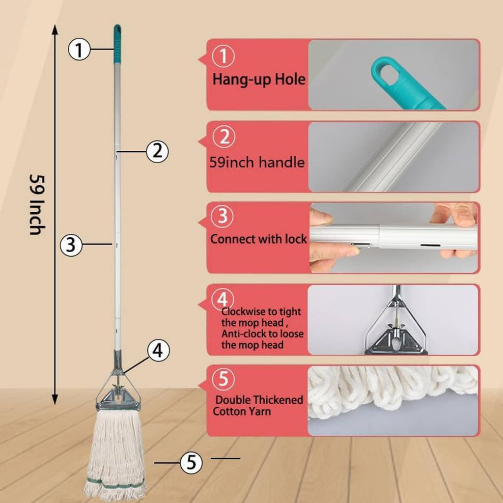 String mop and handle parts diagram with loop-end head and teal band