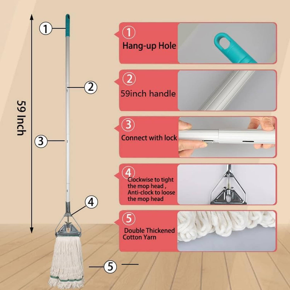 String mop and handle parts diagram with loop-end head and teal band