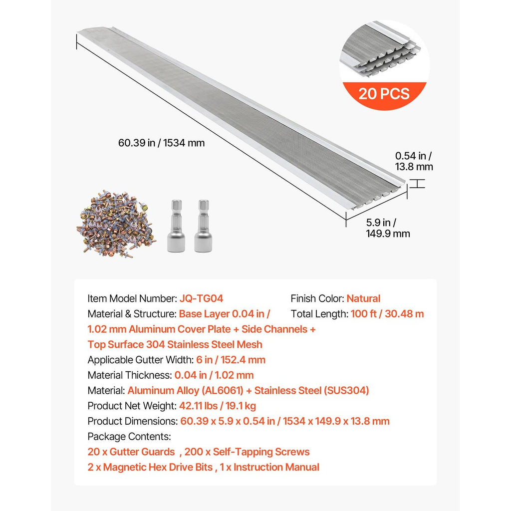 Gutter guard kit with 20 aluminum mesh covers and included self-tapping screws