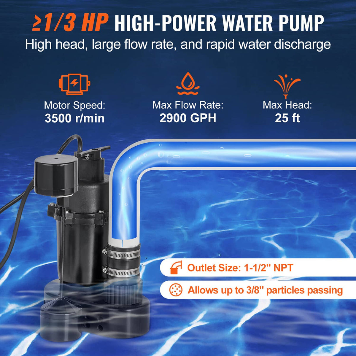 Utility water pump with attached discharge outlet and power cord, dark gray