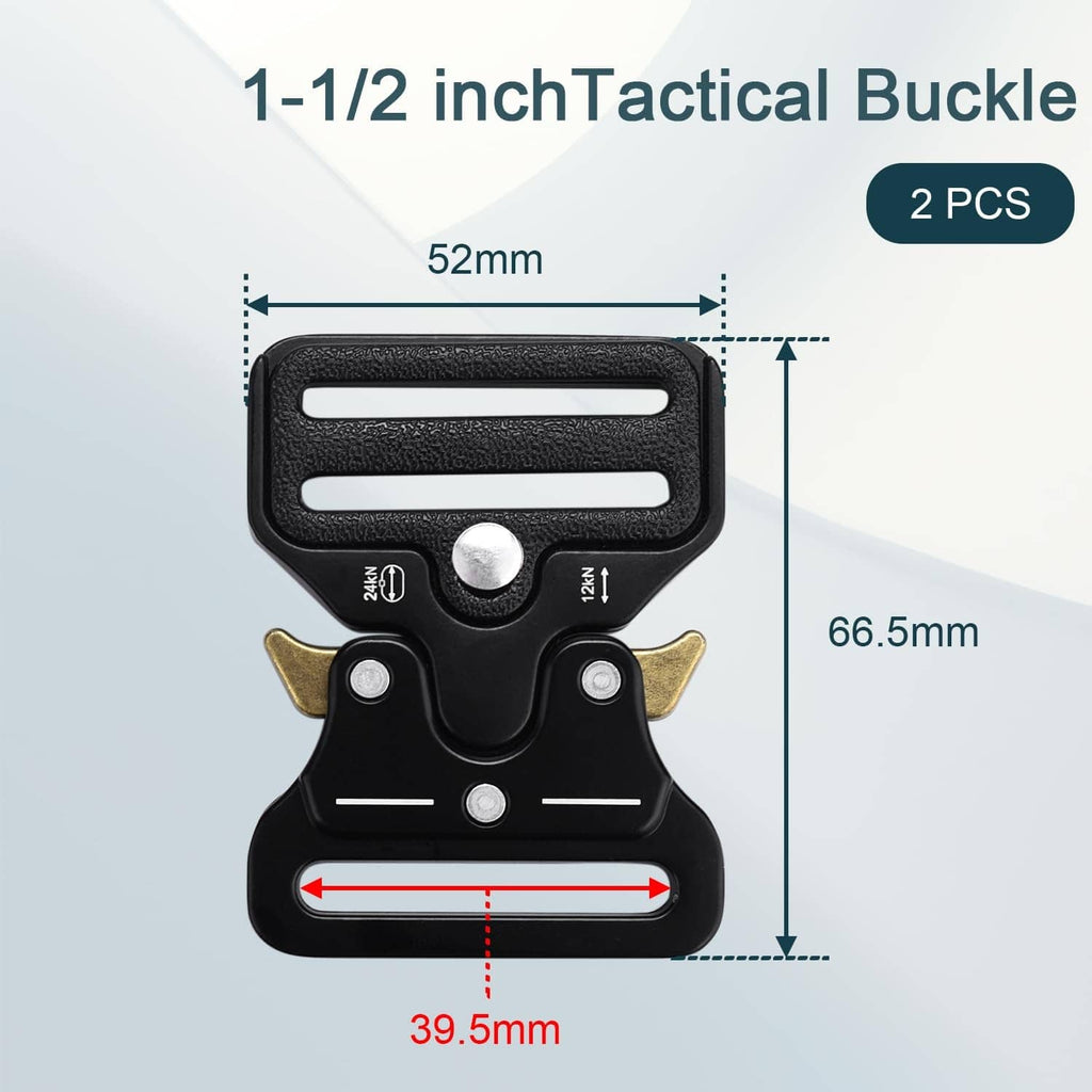 Black 1-1/2 inch tactical buckle with gold hardware, shown front view