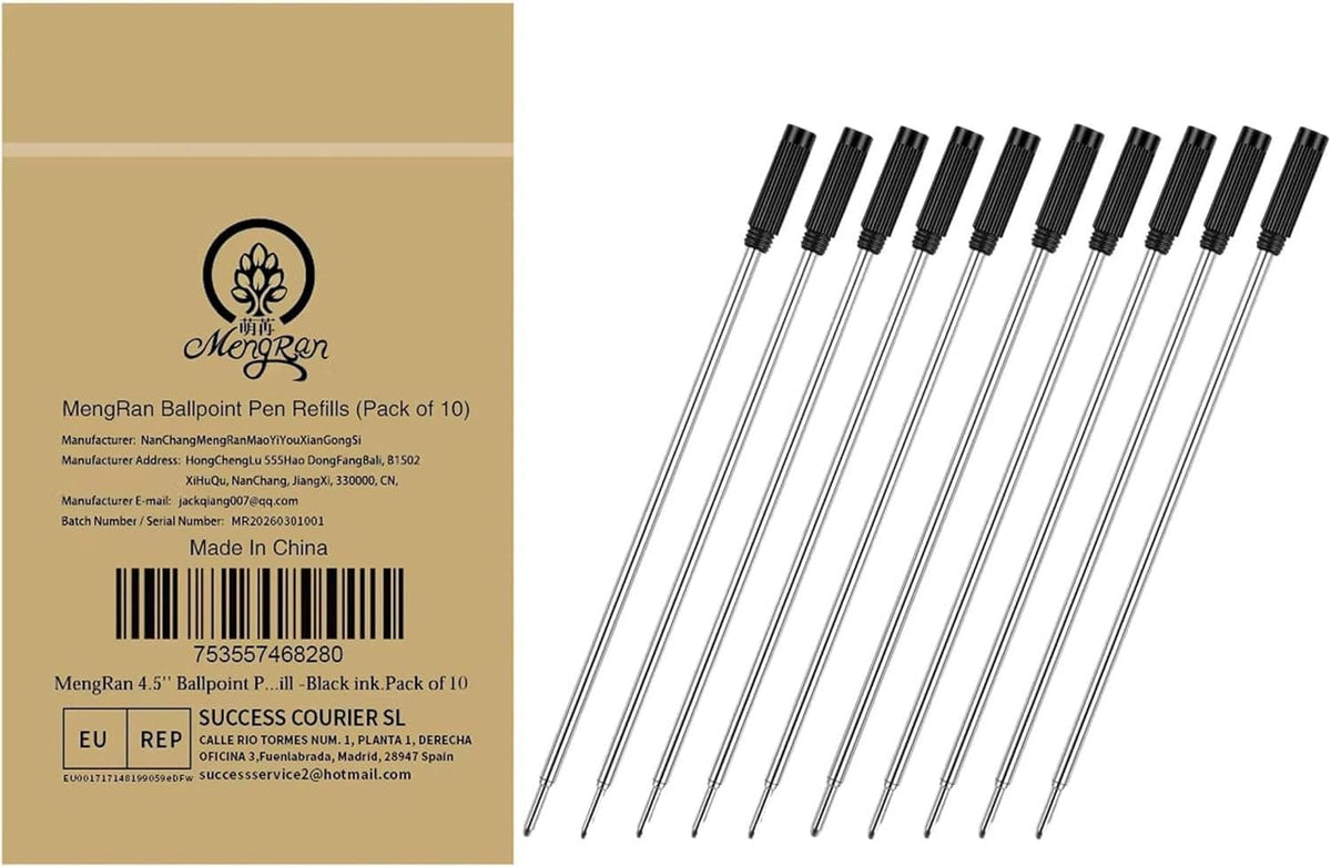 Pack of 4.5 in ballpoint pen refills with black ink and 1mm medium tips, 10-pack