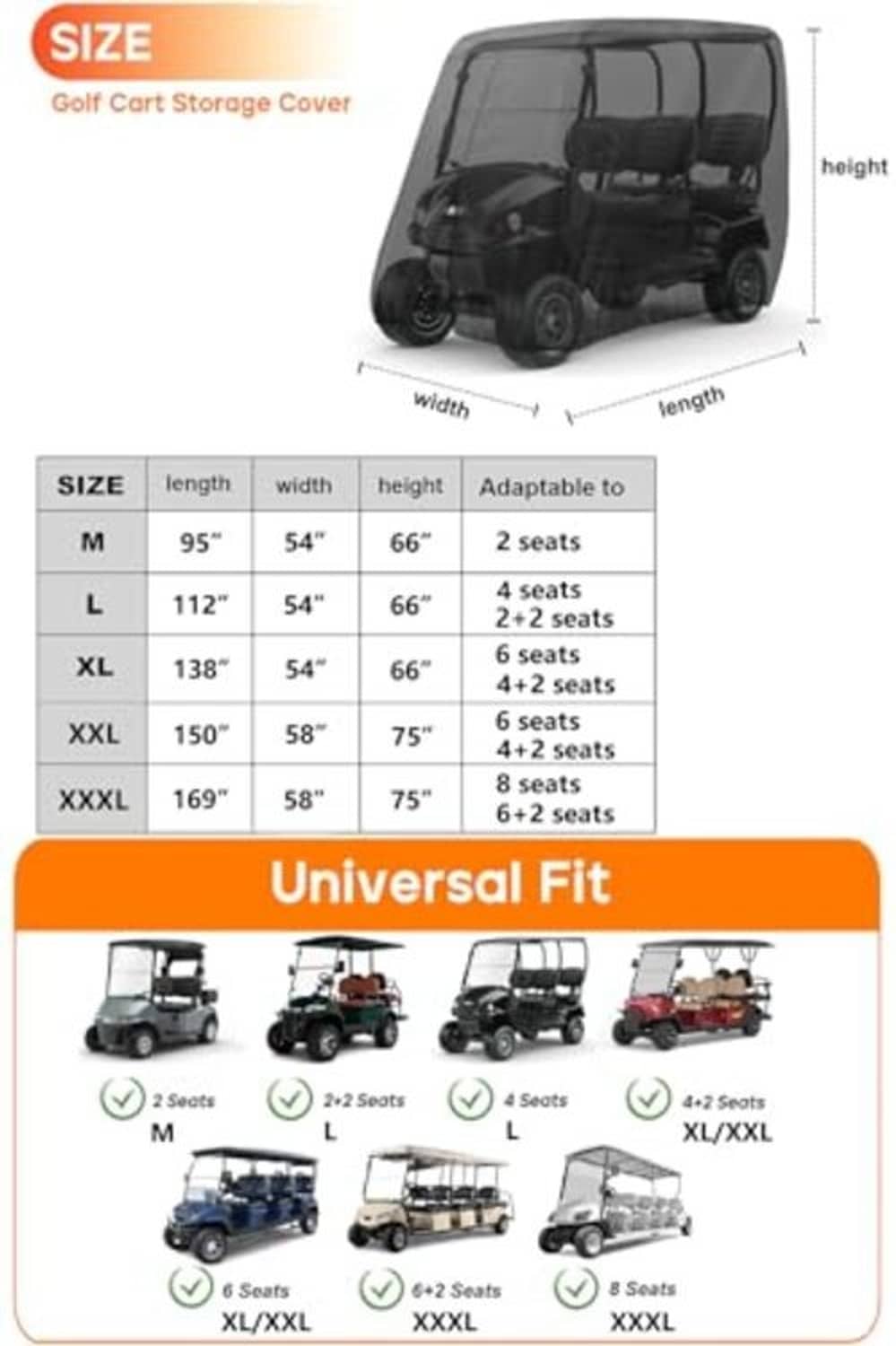 Size chart for golf cart storage cover with dimensions by size (M to XXXL)