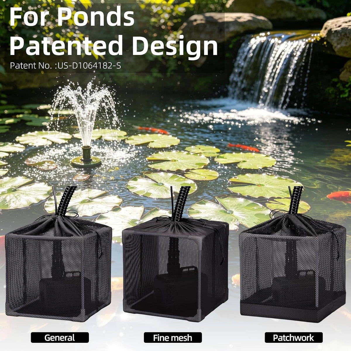 Set of black pond filter barrier bag baskets with drawstring tops for ponds
