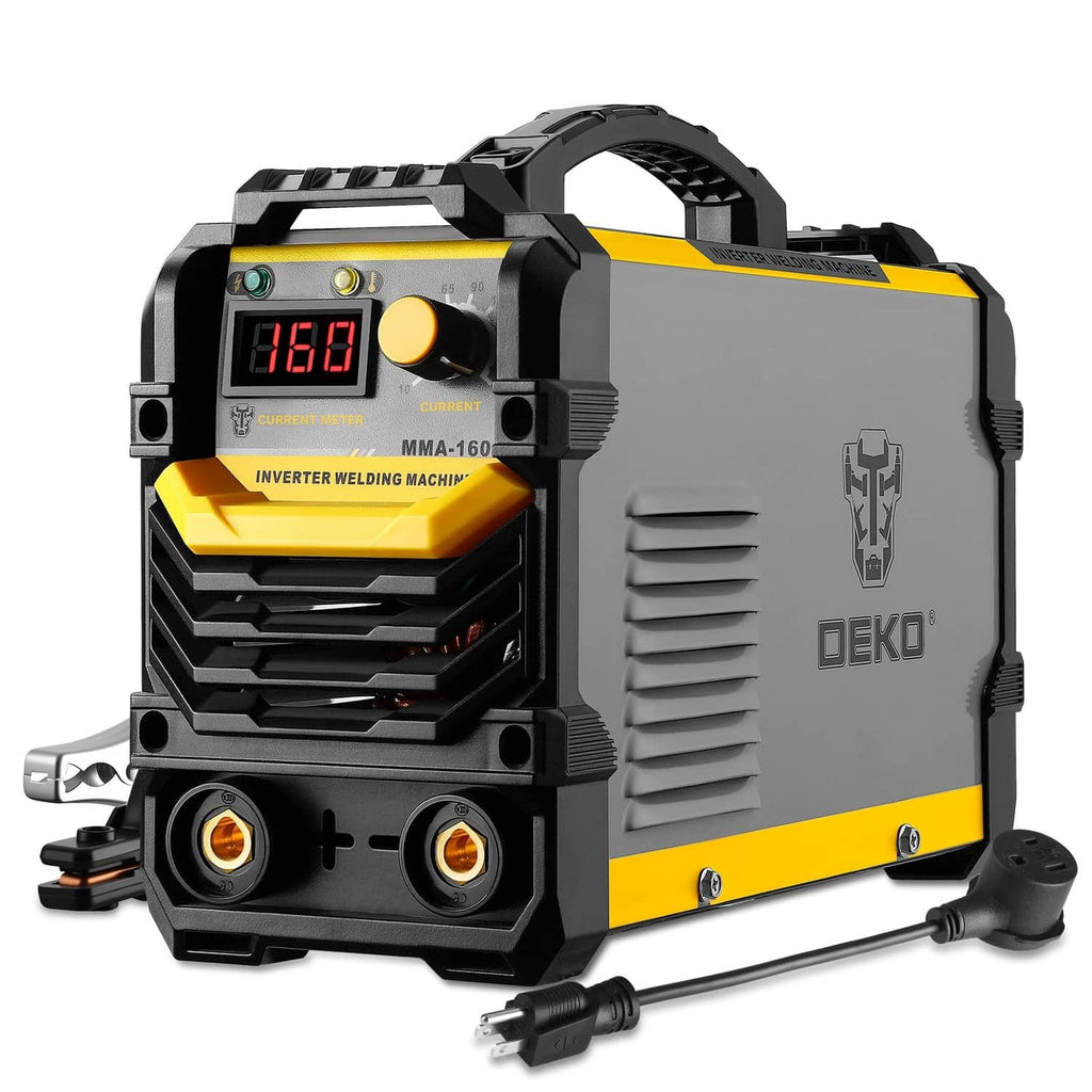 Gray and yellow DEKO inverter MMA stick welder with digital display and control knob