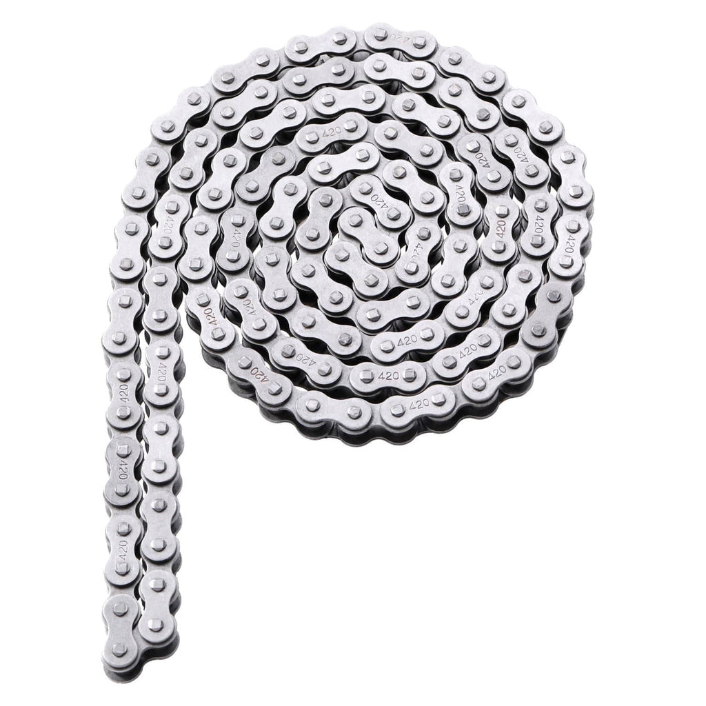 Silver 102-link drive chain coiled