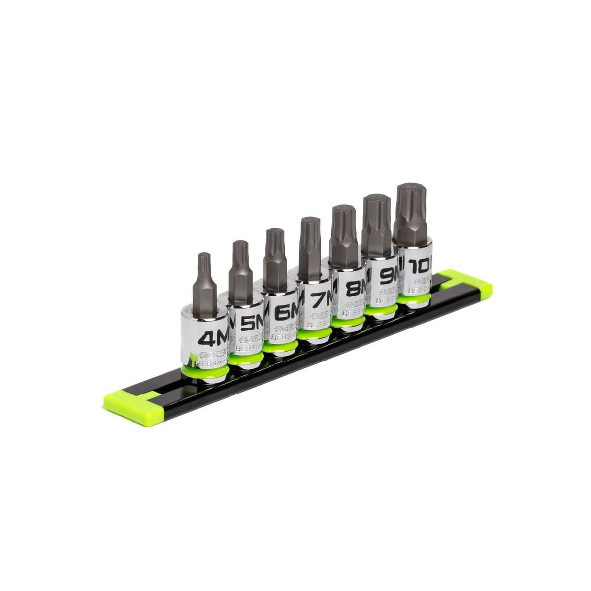 7-piece hex bit socket set on black rail with green accents, angled full set view