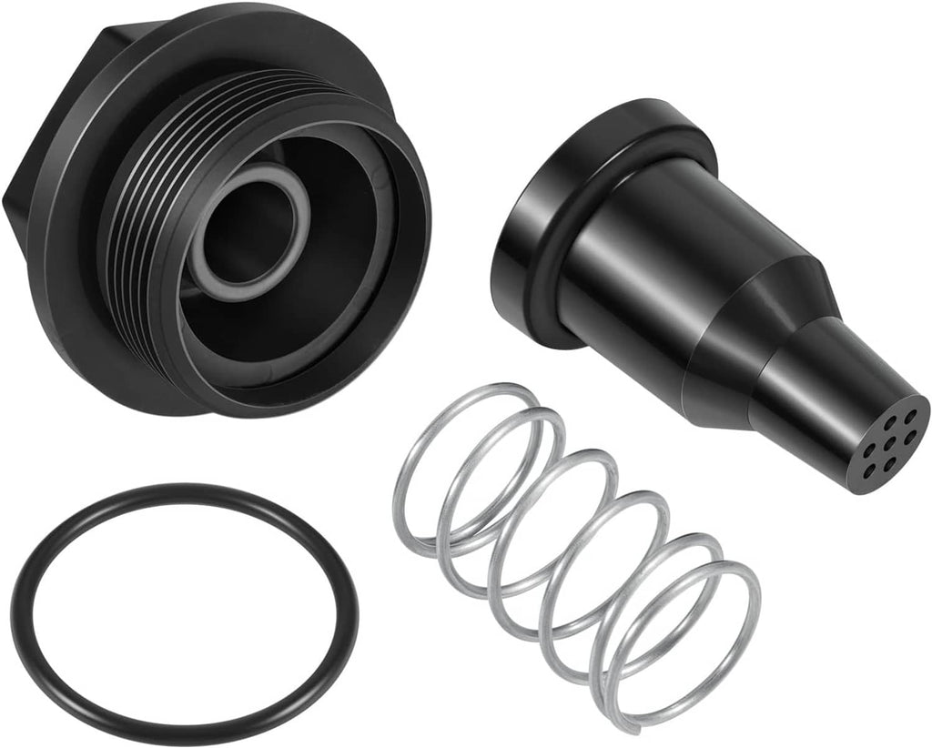 Thermostat and cover kit components: black cover, thermostat, O-ring, and metal spring