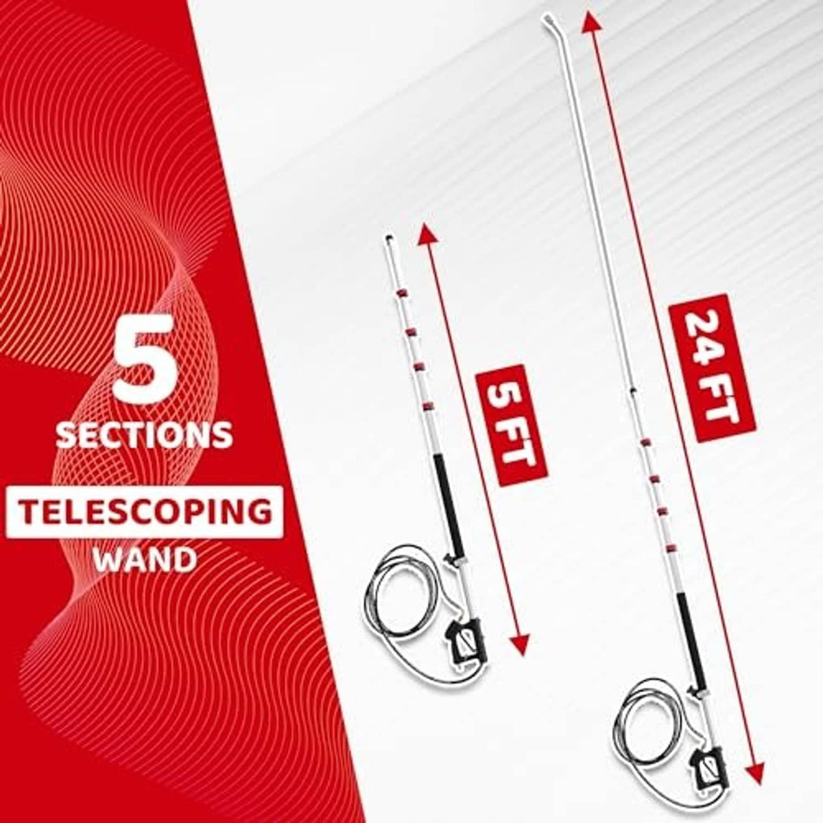 24 ft telescoping pressure washer wand with 5 extendable sections and length indicator rings
