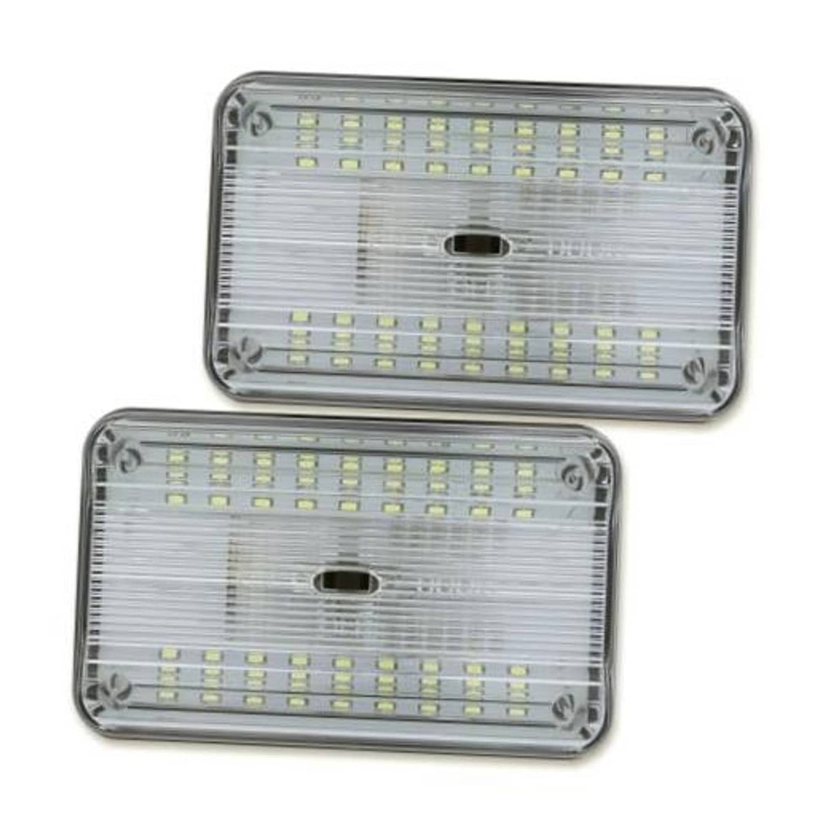 Clear-lens 12V dome LED light with chrome bezel, two mounting screws visible.
