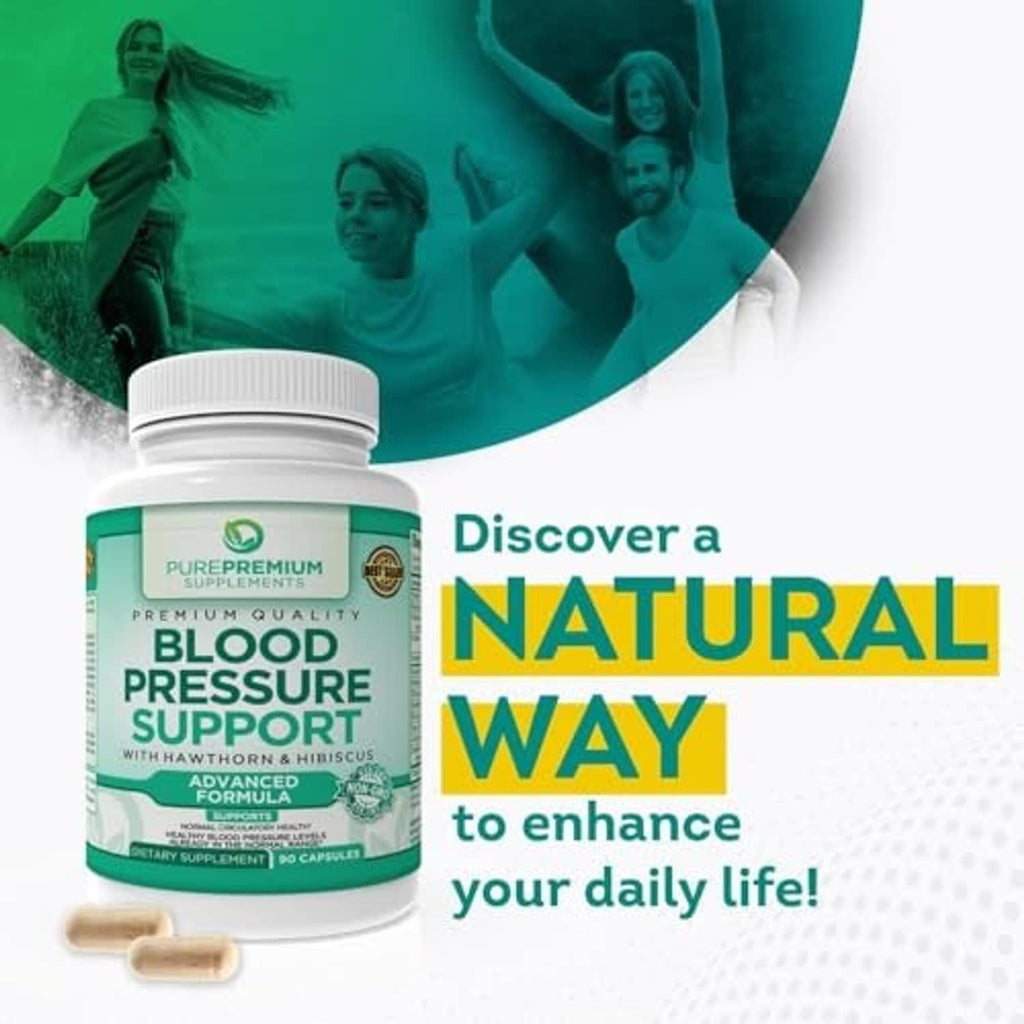 Blood pressure support supplement bottle with “Natural way” lifestyle message