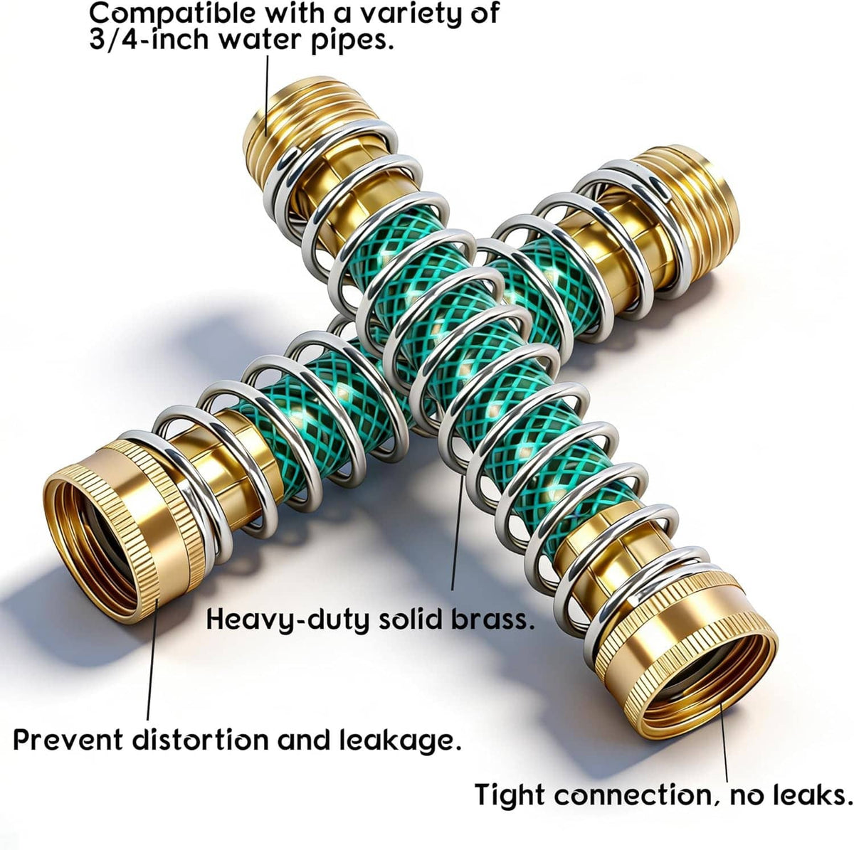 Brass hose protector with teal coil spring and two threaded connectors